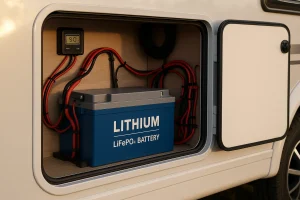 batterie lithium lifepo4 installée proprement dans un coffre de camping-car avec câblage organisé et écran de contrôle