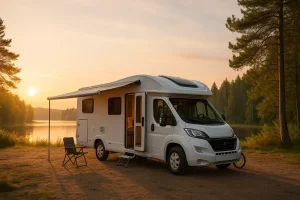 camping car borde lac coucher soleil