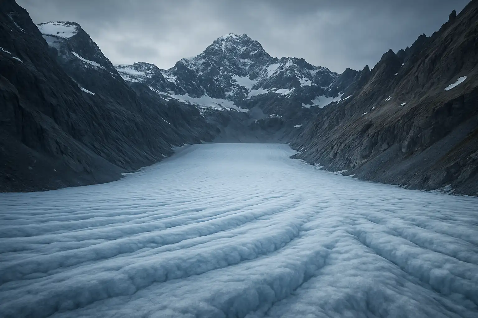cirque glaciaire alpin enneigé, neige dense en formation, entouré de pics rocheux sous ciel couvert